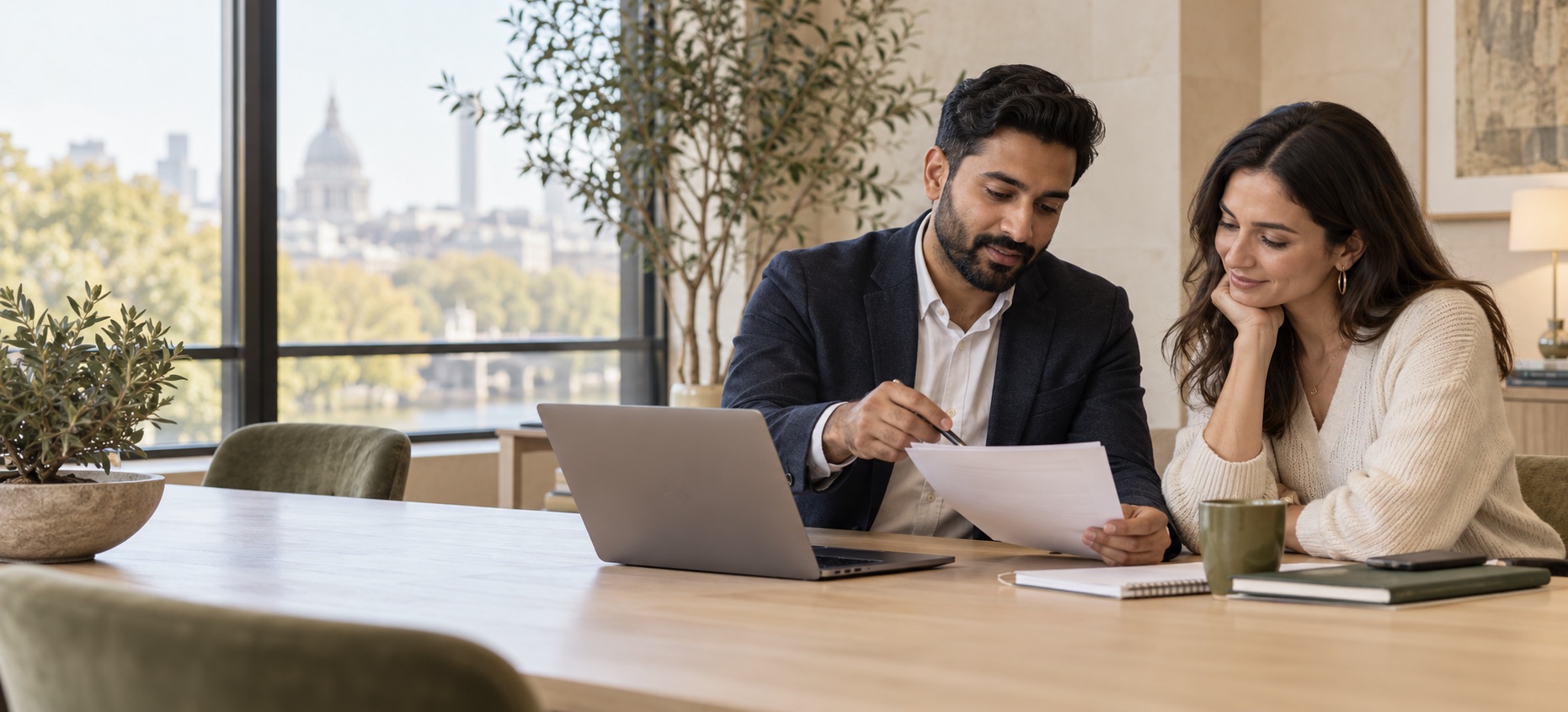 Illustrative image of a business owner and adviser reviewing financial records