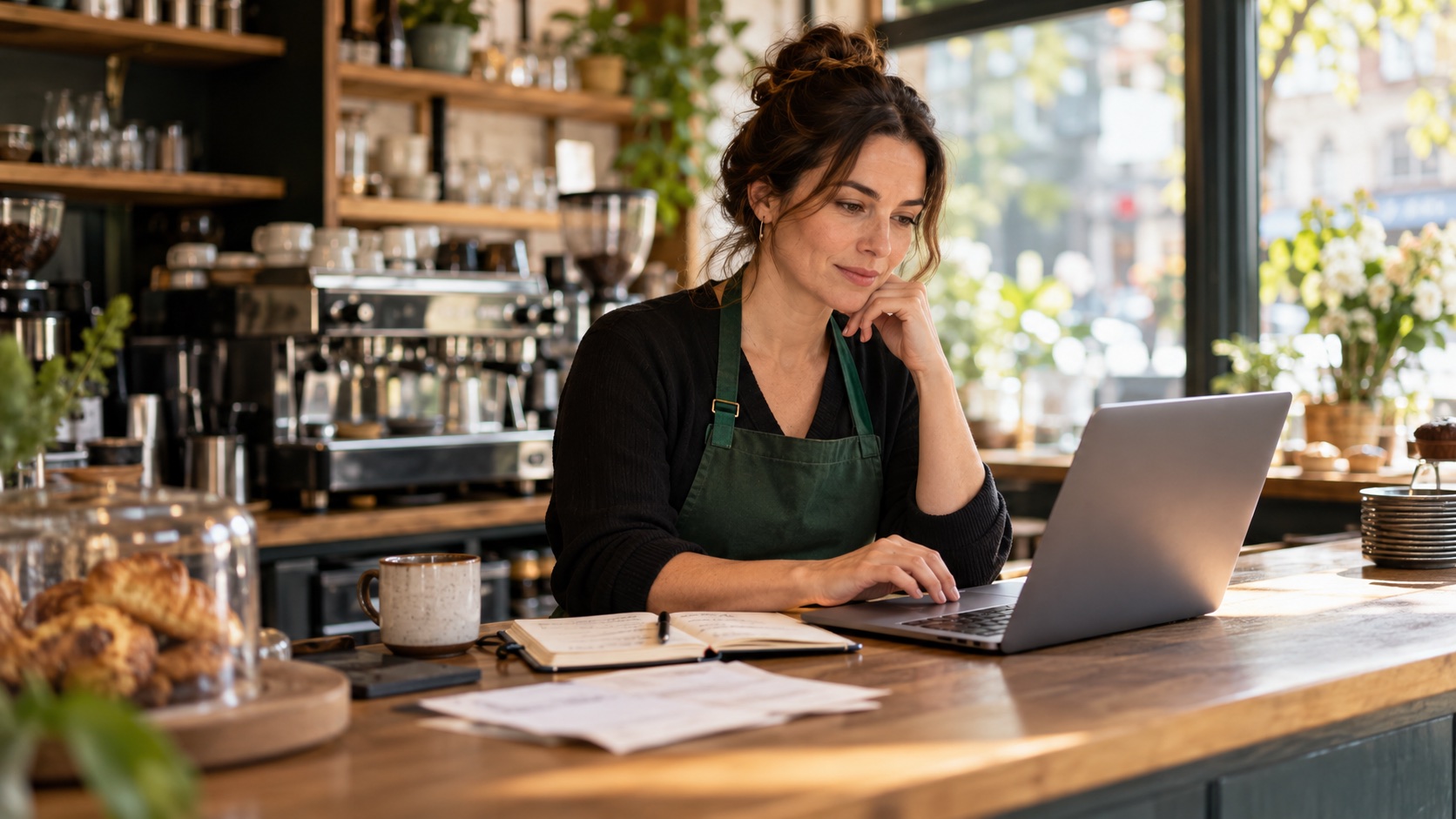 Illustrative image of an independent cafe owner working on business finances